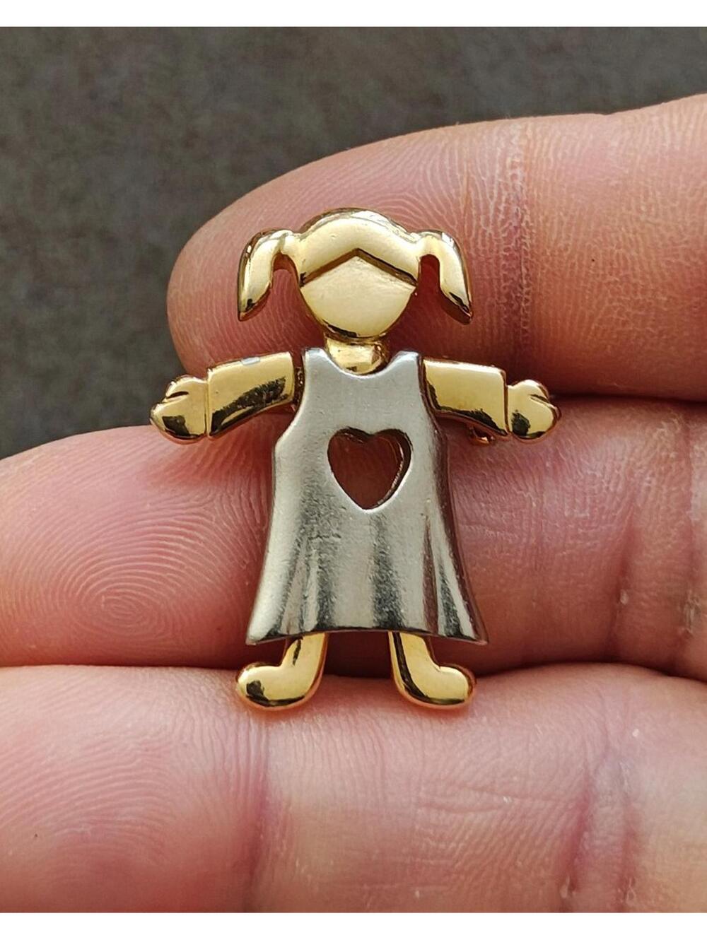 1990s Two Tone Little Girl With Pigtails In Dress With Heart Shaped Cutout Pin